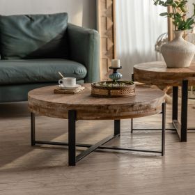 31.29"Modern Retro Splicing Round Coffee Table, Fir Wood Table Top with Black Cross Legs Base