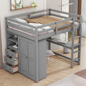 Wood Full Size Loft Bed with Built-in Wardrobe, Desk, Storage Shelves and Drawers, Gray