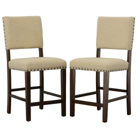 25 Inch Counter Height Chairs, Set of 2, Brown Solid Wood Frame, Beige Linen Upholstery with Nailhead Trim