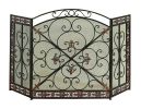 Traditional 3 Panel Metal Fire Screen With Filigree Design, Bronze, Black