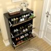 Rattan Narrow Shoe Cabinet with 3 FILP Drawers, Freestanding Shoe Storage Organizer, Modern Shoe Organizer Cabinet for Entryway, Black