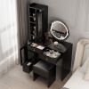 Modern Makeup Vanity Table Set with Side Cabinet and LED Mirror, Retractable Dressing Table with Power Outlets, 3 Light Colors